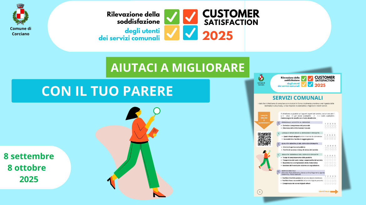 Nuova indagine di CUSTOMER SATISFACTION 2025 per la rilevazione della soddisfazione degli utenti sui servizi comunali