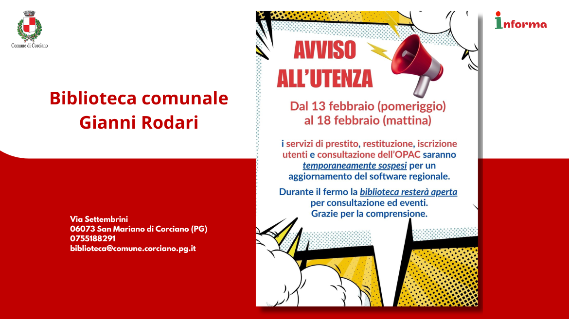 Biblioteca comunale G.Rodari  Sospensione temporanea di alcuni  servizi dal 13 al 18 febbraio 2026