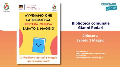 Avviso Chiusura BIBLIOTECA COMUNALE Gianni Rodari sabato 2 Maggio